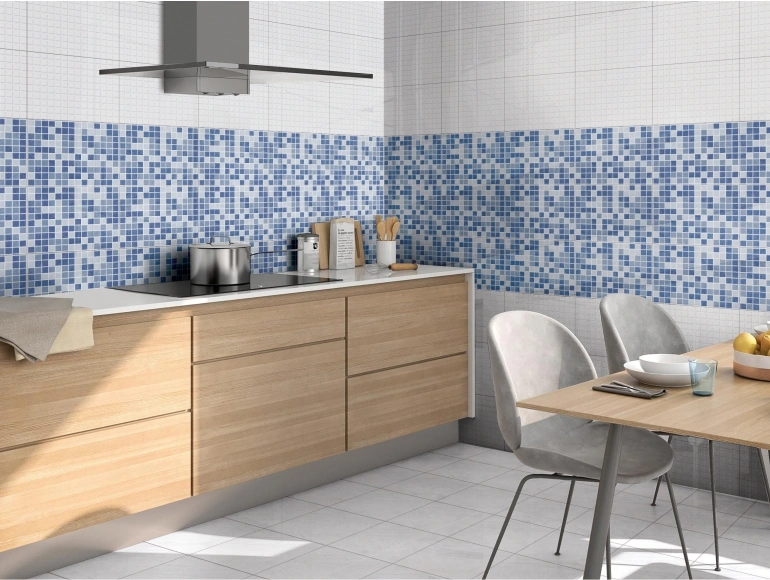 Stylish Parallel Kitchen with Blue Mosaic Tiles